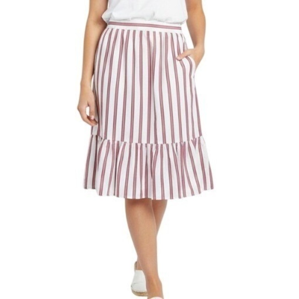 Draper James‎ Skirt Womens Large White Red Blue Striped Ruffle Hem Lined Cotton
